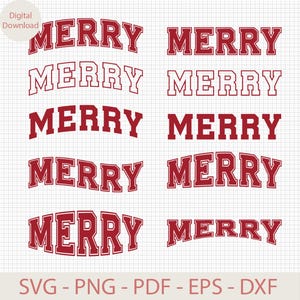 Könnte beinhalten: Ein Satz von acht digitalen Schnittdateien für das Wort "Merry" in einer roten und weißen Schriftart im Varsity-Stil. Die Dateien sind in den Formaten SVG, PNG, PDF, EPS und DXF verfügbar.