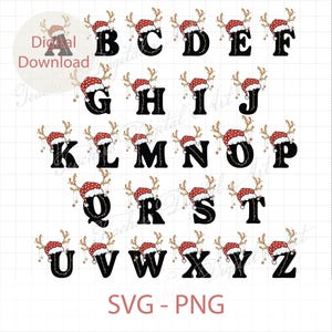 トナカイのクリスマスモノグラムSVG、クリスマスアルファベットSVGバンドル、トナカイのアルファベットA-ZPNG、サンタ帽子の文字PNG、ホリデーファミリーPNG