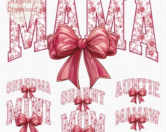 Mama Mini Chinoiserie Coquette Png, Mothers Day Family Bundle Png, Coquette Bow Mama Mini Png, Pink Floral Grandma Png, Varsity Auntie Png