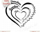 Custom Grandma Heart Kid Names SVG, Personalized Mama Nana Great Grandma Design, Grandkids Name Heart PNG Cricut, Mothers Day Gift, Mom Life