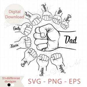 Op de afbeelding: Zwart-wit digitale download grafiek met een grote vuist met het woord "Dad", omringd door kleinere vuisten met namen als "Daisy", "Emily" en "Kevin". De afbeelding bevat ook de tekst "Digital Download" en "SVG - PNG - EPS".