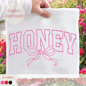 HONEY SVG with Bow | Valentine's Day Honey Design | Retro Varsity Outline Honey SVG Png | Romantic Shirt & Decoration Cricut Silhouette File