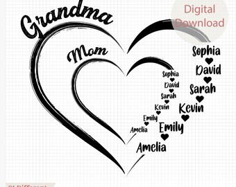 Heart Kid Name Grandma Mom, Customized Heart Svg Png, Mothers Day Png, Grandma Mom Kids Name Mama Heart Svg, Heart Mama Png, Mom Life Svg