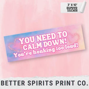 May include: A pink and blue bumper sticker with a heart design and the text "YOU NEED TO CALM DOWN! You're honking too loud!" The sticker is 7.6 cm by 25.4 cm.