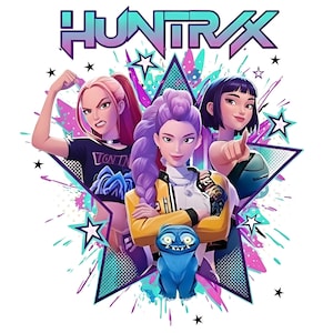 May include: Graphic illustration featuring three stylized female figures with vibrant hair colors, set against a star-shaped backdrop. The word "HUNTRAX" is displayed at the top. The artwork includes splashes of color and star accents, creating a dynamic and energetic composition.