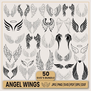 Pode incluir: Uma coleção de 50 designs de asas de anjo em preto sobre um fundo creme. Os designs incluem padrões de penas detalhados e formas estilizadas. A imagem inclui o texto "ANGEL WINGS" e opções de tipo de arquivo.