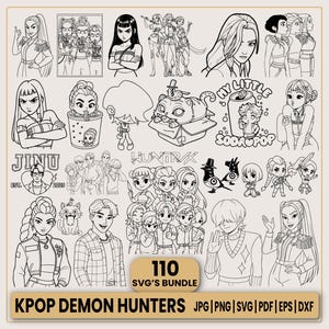 May include: A collection of black and white illustrations featuring various anime-style characters. The images include portraits, group scenes, and individual figures, with the text "KPOP DEMON HUNTERS" and "110 SVG'S BUNDLE".