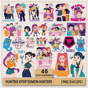 Könnte beinhalten: Eine Sammlung farbenfroher digitaler Illustrationen mit von K-Pop inspirierten Charakteren und Logos. Die Designs umfassen verschiedene Figuren, Logos und den Text "HUNTRIX", "ZOEY", "MIRA" und "45 SVG'S BUNDLE". Der untere Teil des Bildes lautet "HUNTRIX KPOP DEMON HUNTERS".