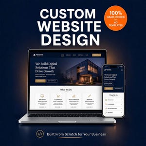 May include: A laptop and smartphone displaying a website for Nexora Solutions with the text Custom Website Design, 100% Hand-Coded No Templates, and Built From Scratch for Your Business. The screen shows services like web design and e-commerce.