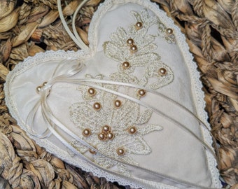 Ivory Wedding Ring Cushion - Hand Embellished Padded Hanging Heart - Ring Bearer Pillow / Wedding Ring Cushion