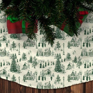 Vintage Toile Christmas Tree Skirt - Monochrome Deep Green Holiday Design, 44-Inch Diameter