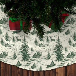 Vintage Toile Christmas Tree Skirt - Monochrome Deep Green Holiday Design, 44-Inch Diameter