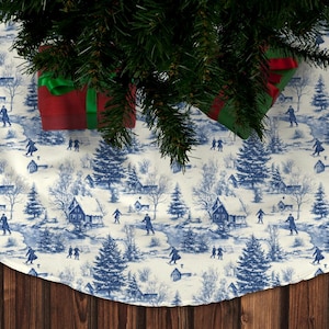Vintage Toile Christmas Tree Skirt - Monochrome Deep Blue Holiday Design, 44-Inch Diameter