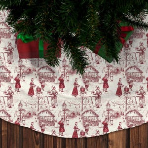 Vintage Toile Christmas Tree Skirt - Monochrome Deep Red Holiday Design, 44-Inch Diameter