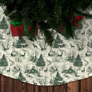 Vintage Toile Christmas Tree Skirt - Monochrome Deep Green Holiday Design, 44-Inch Diameter
