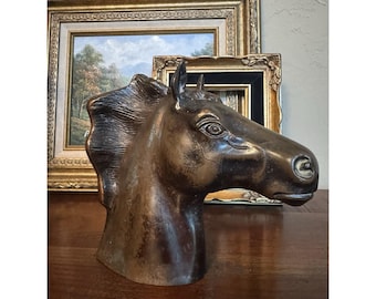 Vintage MCM Bronze Horse Head Bookend Equestrian Statue Bust Art Deco 1960s