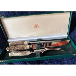 Vtg Gumps 3 Pc Stag Horn Carving Set Knife Fork Sharpener Box Sheffield England Bild 1