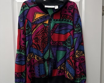 VTG 80s Bomber Jacke Cardigan Picasso Geometrisch Plus Size 22/24 Abstrakte Kunst