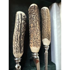 Vtg Gumps 3 Pc Stag Horn Carving Set Knife Fork Sharpener Box Sheffield England Bild 2