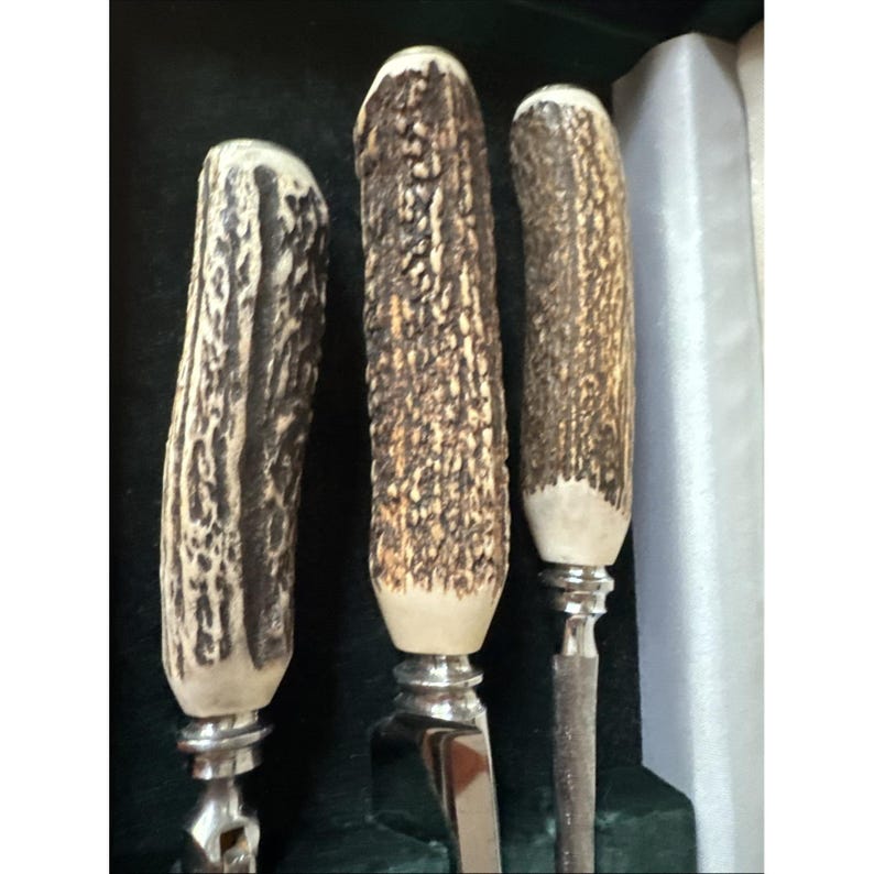 Vtg Gumps 3 Pc Stag Horn Carving Set Knife Fork Sharpener Box Sheffield England Bild 2