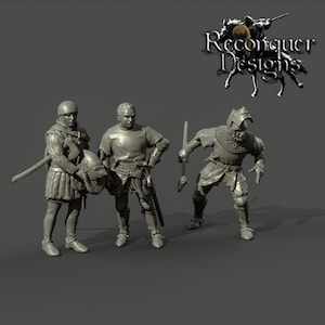 May include: Three unpainted plastic figurines of medieval soldiers. The figures are posed in a fighting stance and are holding weapons. The figures are from Reconquer Designs.