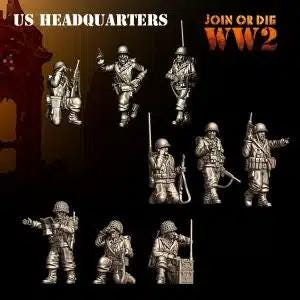 以下が含まれることがあります： 第二次世界大戦の米軍兵士を模した、金属製のミニチュアフィギュア10個セット。フィギュアは、ひざまずく、立つ、武器を持つなど、さまざまなアクションポーズをとっています。フィギュアは銀色に塗装されており、リアルな外観をしています。フィギュアには、「US Headquarters」と「Join or Die WW2」のラベルが貼られています。