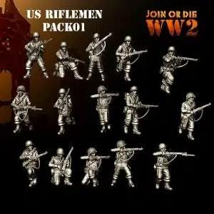 Peut inclure: Ensemble de figurines miniatures de soldats américains, les "US Riflemen", en différentes poses de combat, armés de fusils et portant des casques. Le texte "US Riflemen PACK01" et "JOIN OR DIE WW2" est visible.