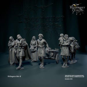 May include: A collection of gray miniature figurines depicting medieval villagers. The set includes figures of men, women, and children, some carrying items or children. The figures are posed in various stances, suggesting movement and interaction. The text "Villagers Set C" is visible.