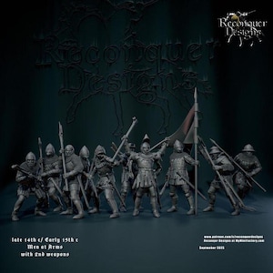 Può includere: Un gruppo di figure medievali di Men at Arms, vestiti con armature ed elmi, che impugnano varie armi e una bandiera. Lo sfondo scuro presenta il testo "Reconquer Designs" e "late 14th c/ Early 15th c Men at Arms with 2nd weapons".