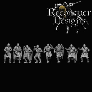 May include: Eight gray plastic figures of medieval warriors in various poses, all wearing cloaks and holding weapons. The figures are arranged in a row on a black background. The text "Reconquer Designs" is visible in the background.