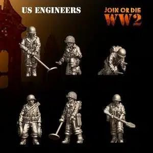Puede incluir: Seis figuras en miniatura de plástico gris de ingenieros del ejército estadounidense de la Segunda Guerra Mundial. Las figuras llevan cascos y llevan herramientas como una pala, un detector de metales y un pico. Las figuras están en varias poses de acción. Las figuras forman parte de un conjunto de miniaturas para el juego "Join or Die WW2".