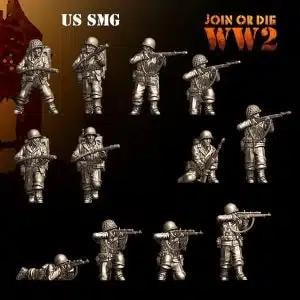 May include: A set of 12 miniature metal figures depicting US soldiers from World War II, each in a different pose, holding a rifle or a submachine gun. The figures are painted in a silver finish and are part of the "Join or Die" WWII series.