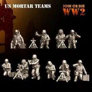 以下が含まれることがあります： 第二次世界大戦中のアメリカ陸軍迫撃砲チームを描いた、塗装されていない金属製ミニチュアフィギュア10個セット。フィギュアは、迫撃砲を発射したり、砲弾を装填したり、観測したりするなど、さまざまなポーズをとっています。