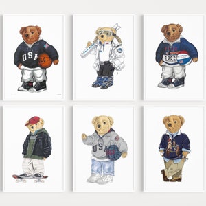 Póster de Polo Bears (paquete de 6), Ralph Lauren, Polo, revista de moda, póster de dormitorio, póster de dinero antiguo, póster de revista vintage, arte vintage