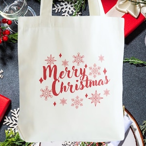 Red Merry Christmas Tote Bag, Elegant Festive Christmas Tote, Holiday Gift Tote Bag, Christmas Party Gift, Heavy-Duty Canvas Shoulder
