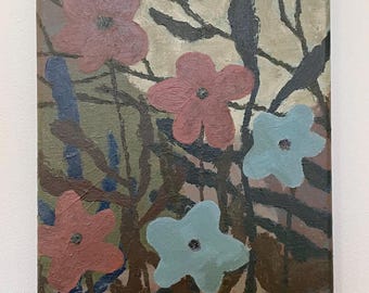May include: An oil painting on canvas featuring five stylized flowers in shades of dusty pink and light blue. The flowers are set against a textured background of dark brown, olive green, and beige brushstrokes with dark, thin, branch-like lines.
