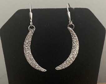 Moon Cresent Drop Earrings Dangle in Fine Silver on Sterling French Hooks or Leverbacks