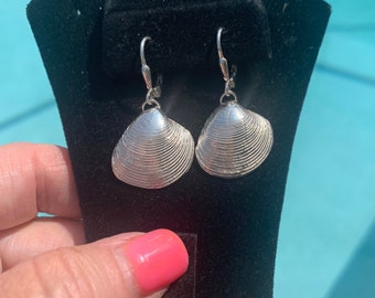 Silver Clam Shell Dangles Earrings, Fine Silver shell earrings,  Sterling leverbacks or French hook, Elegant Beach design.