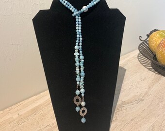 Larimar Gemstone Lariat/Adjustable Necklace with/Sterling Silver, wear it many ways!