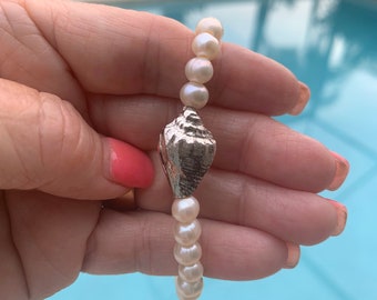 Silver Seashell, Conch shell in Fine Solid Silver, Freshwater Pearl stretchy Bracelet, Rolls right on! Easy on and off! 7 inch