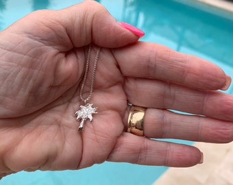 Tiny Palm Tree pendant in Fine Silver, on Sterling Silver Box Chain Necklace FREE Fast Shipping.