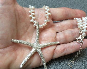 Starfish Pendant LARGE Solid .999 Fine Silver on Fresh Water Pearls Sterling Extender