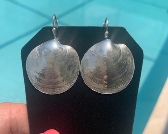 Large Silver Clam Shell Dangles Earrings, Fine Silver shell earrings,  Sterling leverbacks or French hook, Elegant Beachshell design.