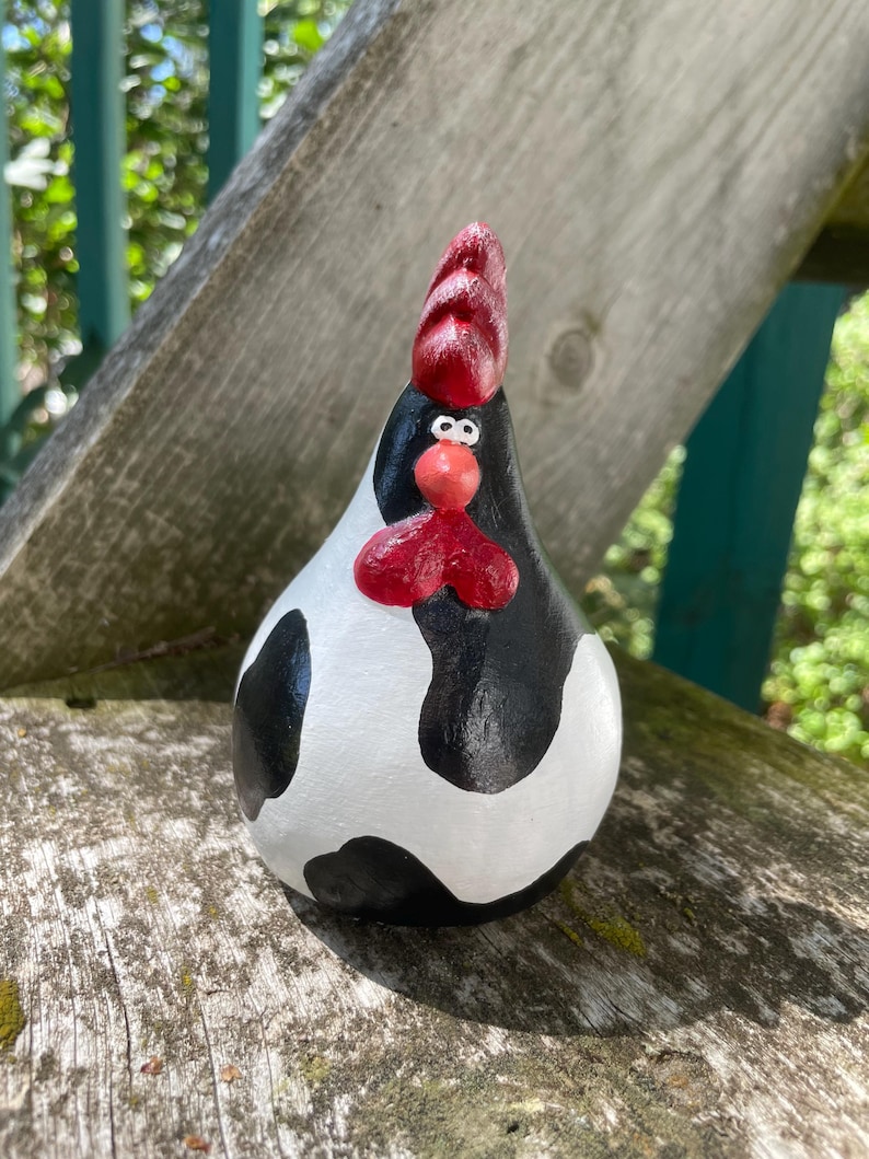 Cement chicken, concrete rooster, garden, hand made, hand painted statue