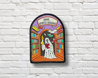 Spirits Reading Ghost Patch – Bookish Spooky Iron-On Patch (Printed + Embroidered)