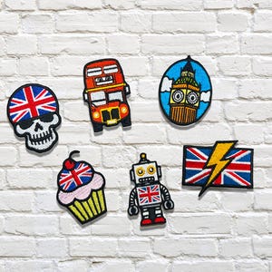 British Icons Iron-On Patches – Skull, Bus, Robot, Big Ben – UK Flag Embroidered Badge Set for Jackets, Jeans, Totes