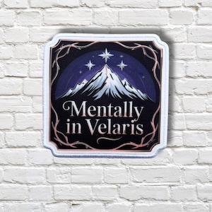 May include: A rectangular patch with a white border and a dark background featuring a mountain range under a starry sky. The text "Mentally in Velaris" is written in white script. The patch is decorated with a floral design.