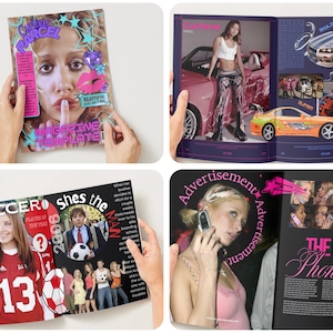 Puede incluir: Un collage de p&aacute;ginas de revistas. Una portada presenta a una mujer con las palabras "Curious Parcel" y "Magazine Template". Otras p&aacute;ginas muestran coches, f&uacute;tbol y anuncios de "The Flippity Phones".