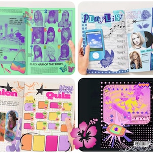 Puede incluir: Un collage de p&aacute;ginas de revista con tem&aacute;tica Y2K. Las p&aacute;ginas presentan im&aacute;genes de peinados, una lista de reproducci&oacute;n, un cuestionario de moda y un gr&aacute;fico con el texto "Curious Parcel". La paleta de colores incluye tonos de rosa, morado y azul.