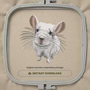 May include: A machine embroidery design featuring a detailed white chinchilla with long whiskers and large ears, centered within a gray plastic embroidery hoop on beige fabric. The text reads Digital machine embroidery design and INSTANT DOWNLOAD.